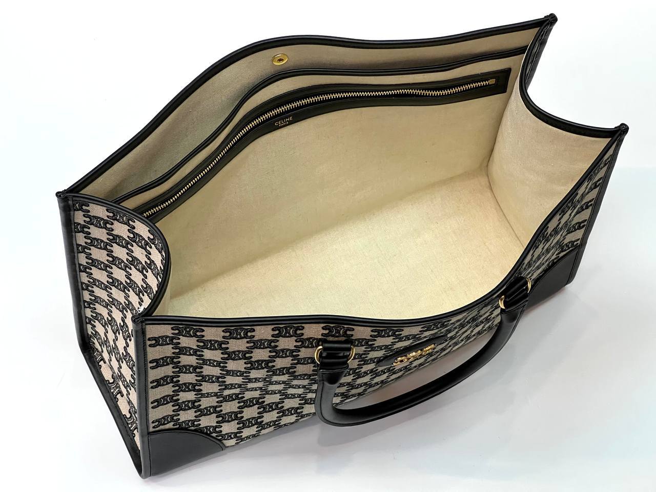 MINI HORIZONTAL CABAS IN TEXTILE WITH TRIOMPHE EMBROIDERY AND CALFSKIN BLACK