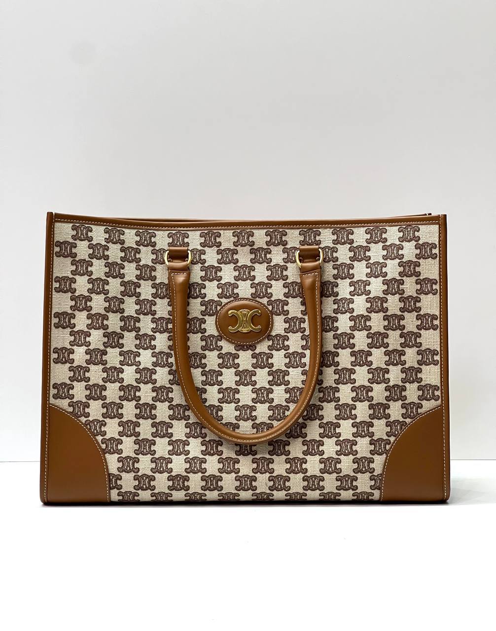 HORIZONTAL CABAS IN TEXTILE WITH TRIOMPHE EMBROIDERY AND CALFSKIN TAN