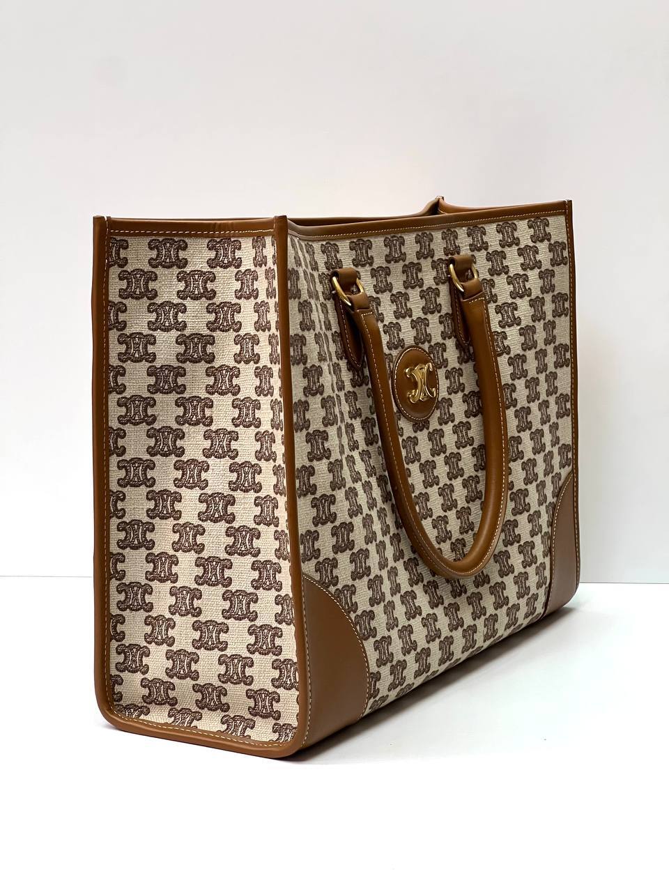 HORIZONTAL CABAS IN TEXTILE WITH TRIOMPHE EMBROIDERY AND CALFSKIN TAN