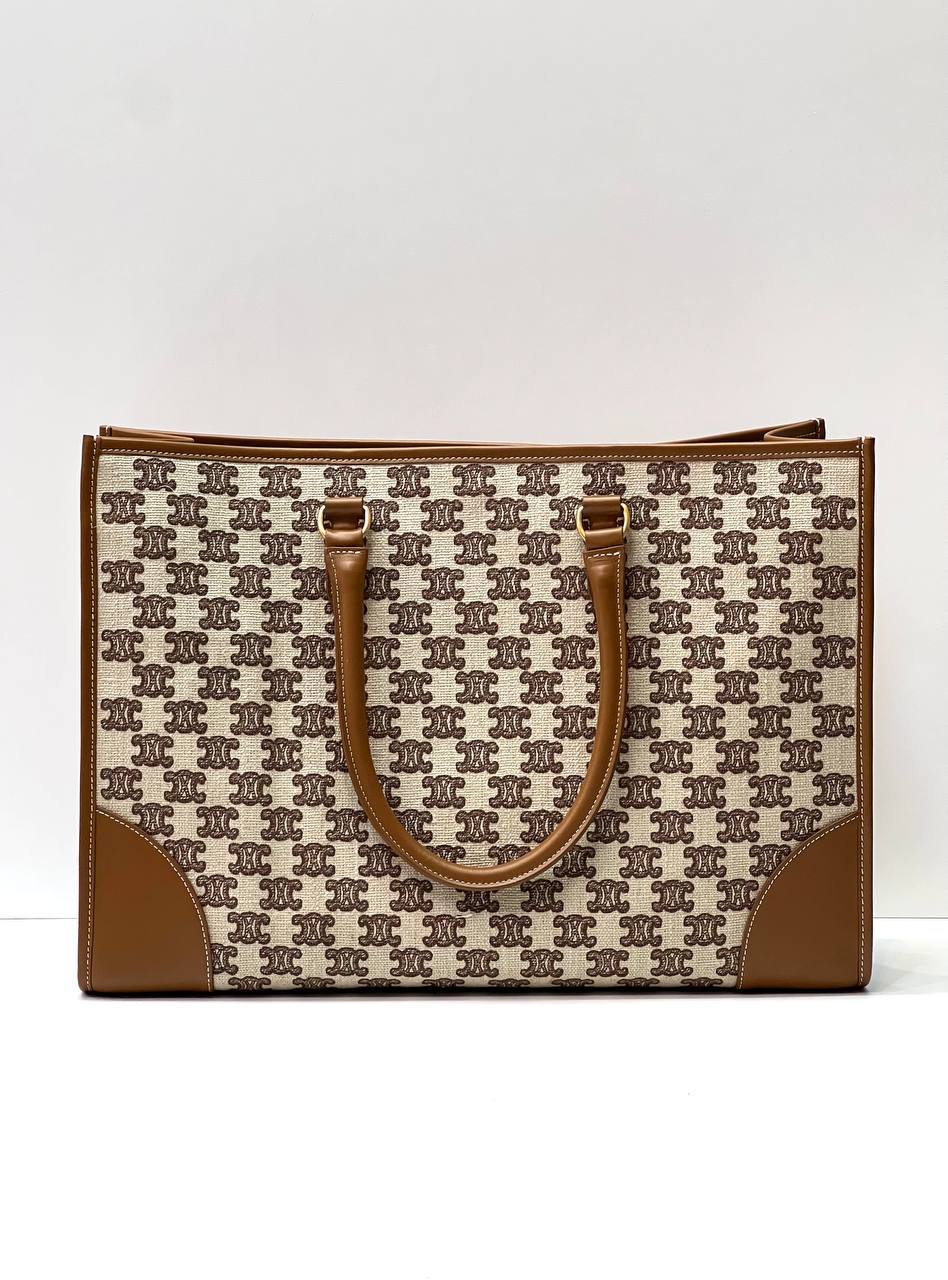 HORIZONTAL CABAS IN TEXTILE WITH TRIOMPHE EMBROIDERY AND CALFSKIN TAN