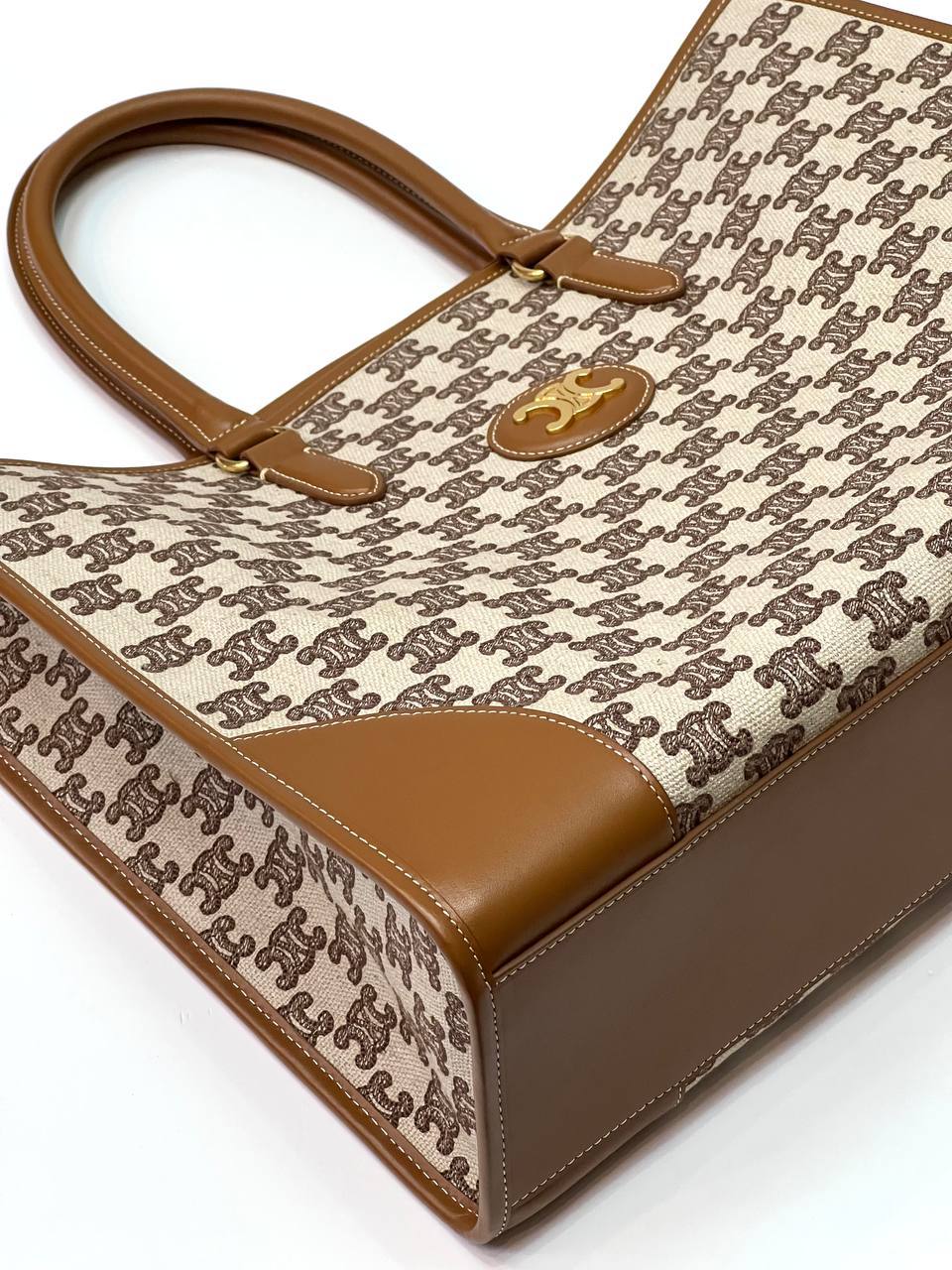 HORIZONTAL CABAS IN TEXTILE WITH TRIOMPHE EMBROIDERY AND CALFSKIN TAN