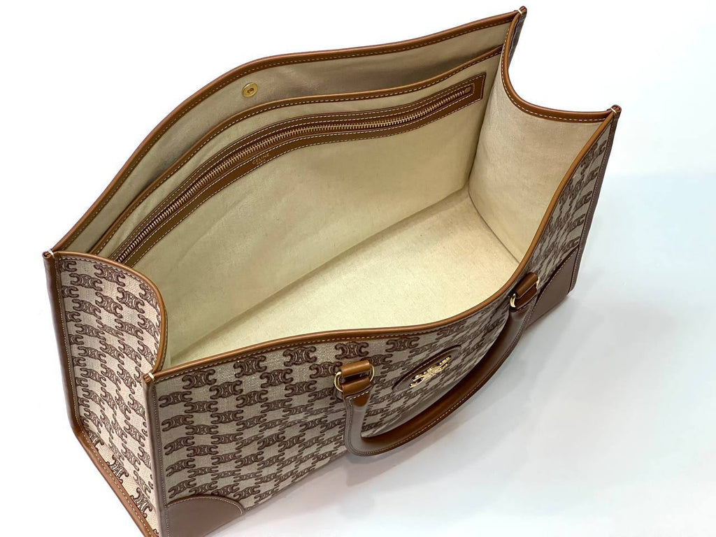 HORIZONTAL CABAS IN TEXTILE WITH TRIOMPHE EMBROIDERY AND CALFSKIN TAN