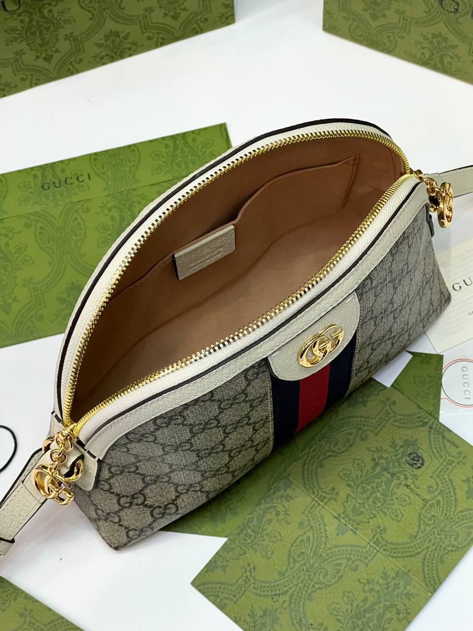 Ophidia Small GG Supreme Cross-Body Bag Beige white