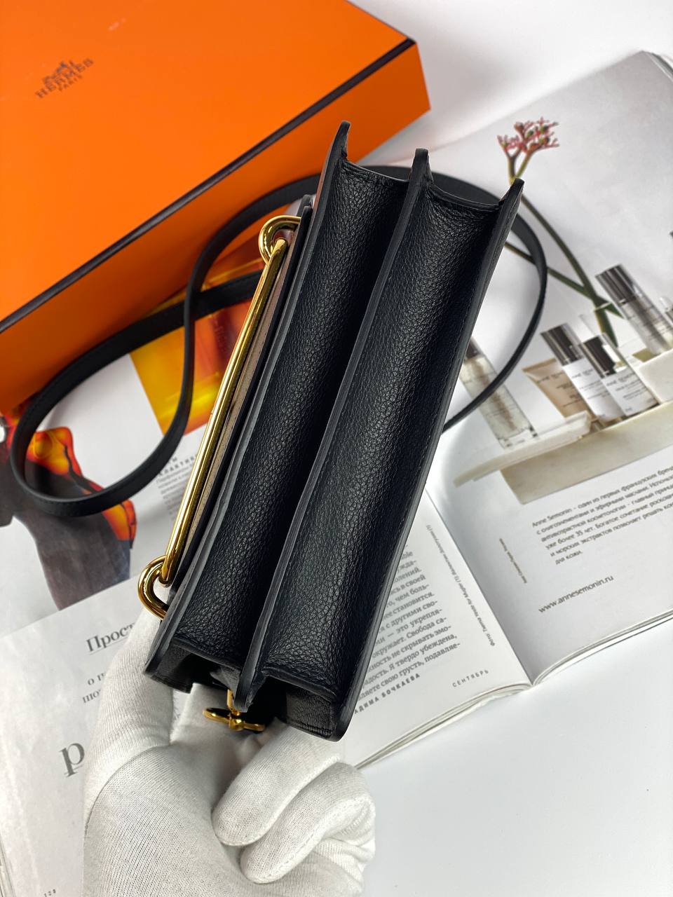HermÃƒÆ’Ã‚Â¨s ROULIS mini 18 LEATHER HANDBAG black Black Gold Hardware