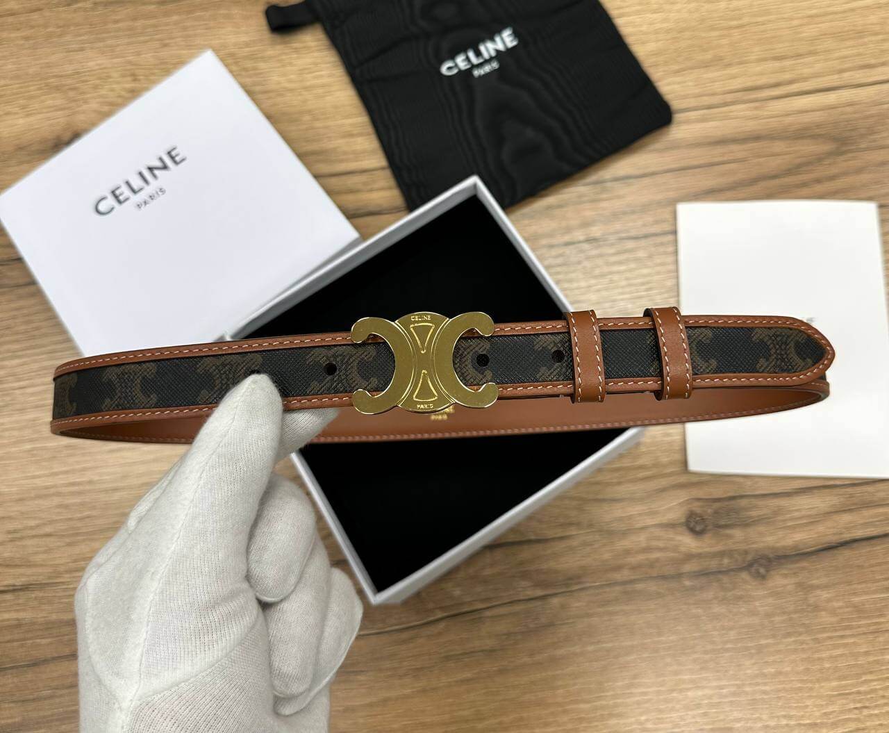 WITH BORDER TRIOMPHE BELT IN TRIOMPHE CANVAS AND CALFSKIN TAN