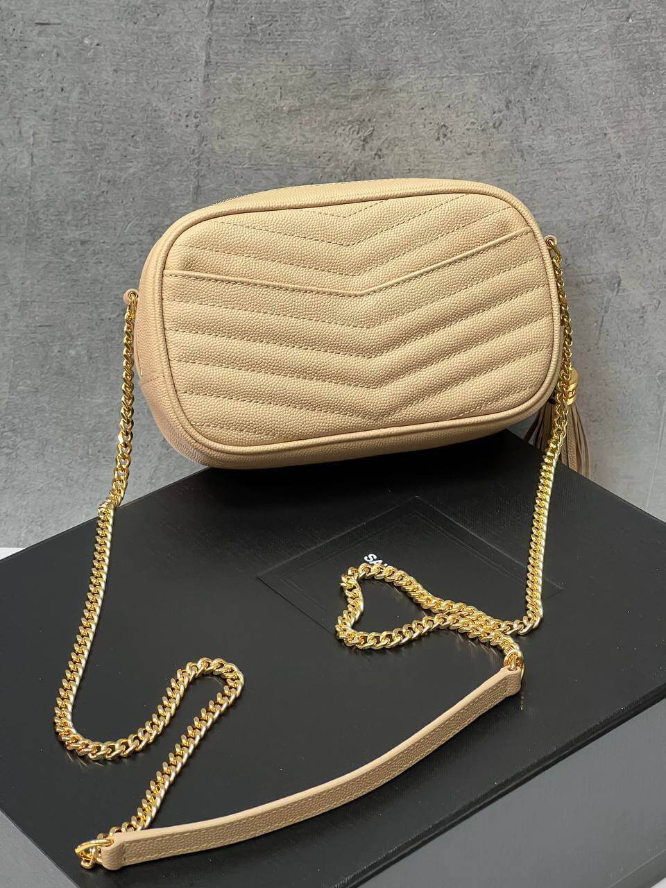 LOU MINI BAG IN QUILTED GRAIN DE POUDRE EMBOSSED LEATHER DARK NATURAL