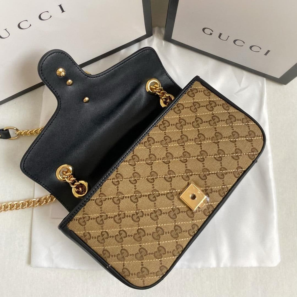gg Marmont Small Shoulder Bag Beige/Ebony Diagonal Matelassé Original gg Canvas For Women 10in/26cm 443497 HVKEG 9772