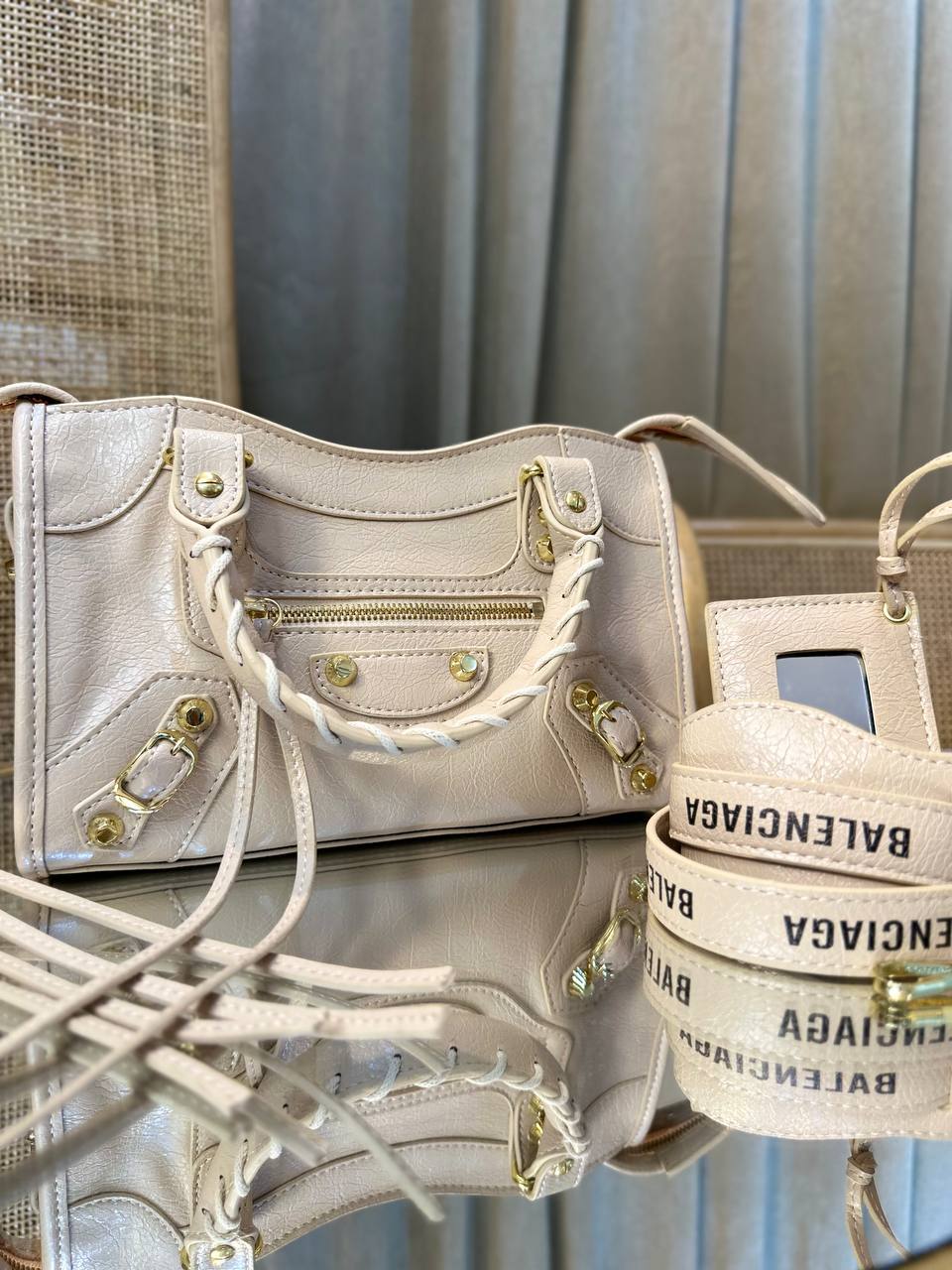 Balenciaga Agneu Classic Gold Hardware Mini City Logo Strap Beige