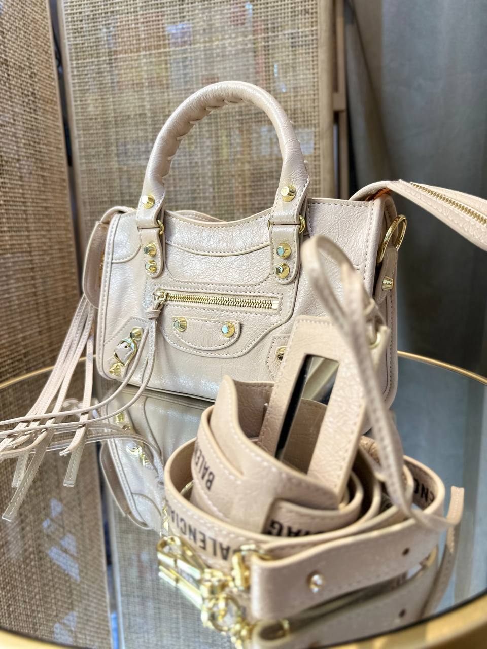 Balenciaga Agneu Classic Gold Hardware Mini City Logo Strap Beige