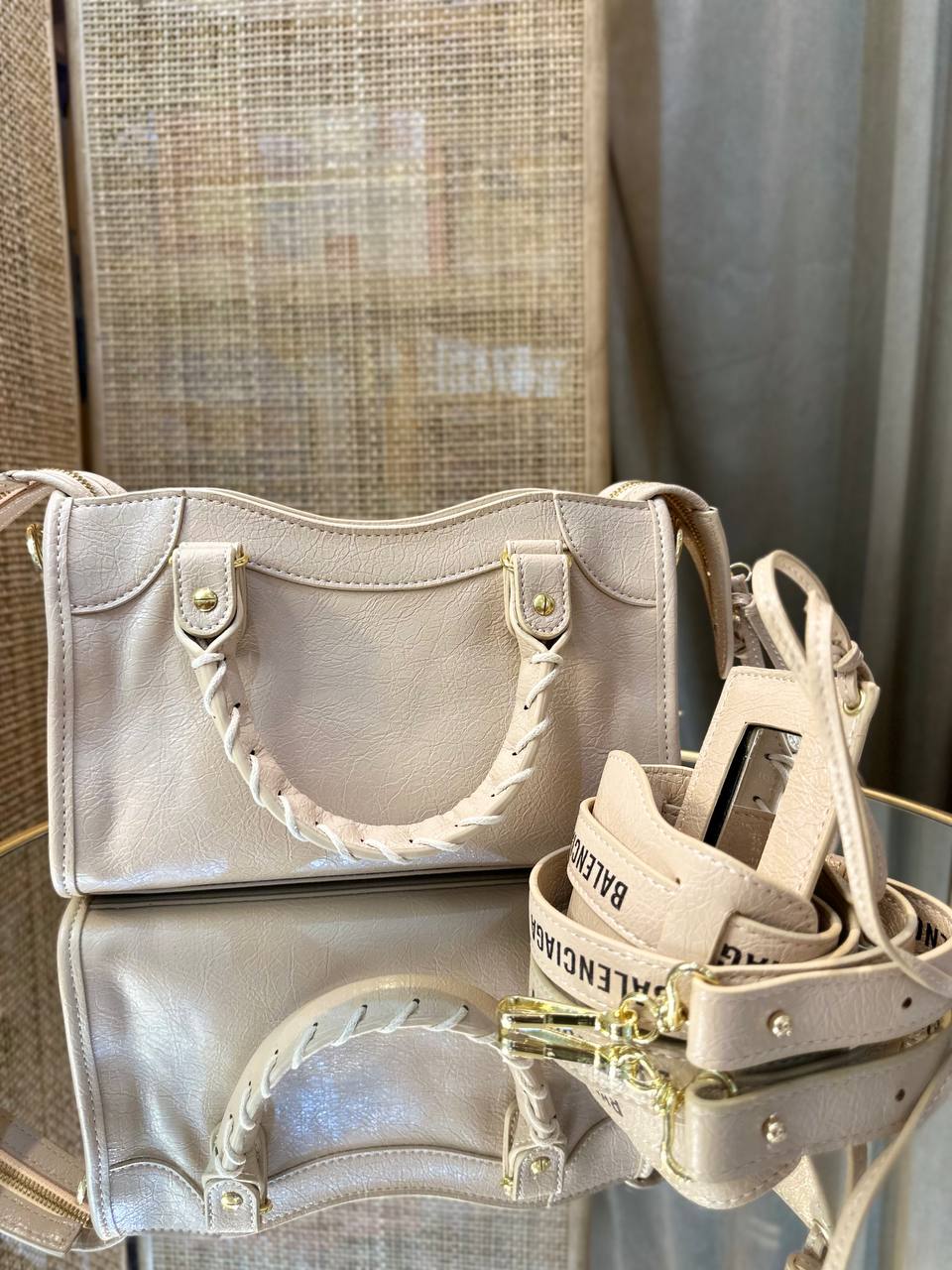 Balenciaga Agneu Classic Gold Hardware Mini City Logo Strap Beige