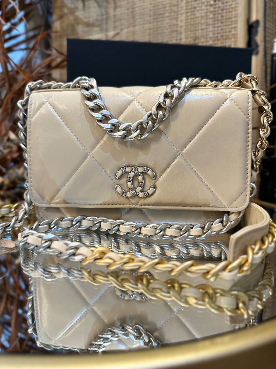 Goatskin Quilted Chanel 19 Wallet On Chain WOC (Beige)