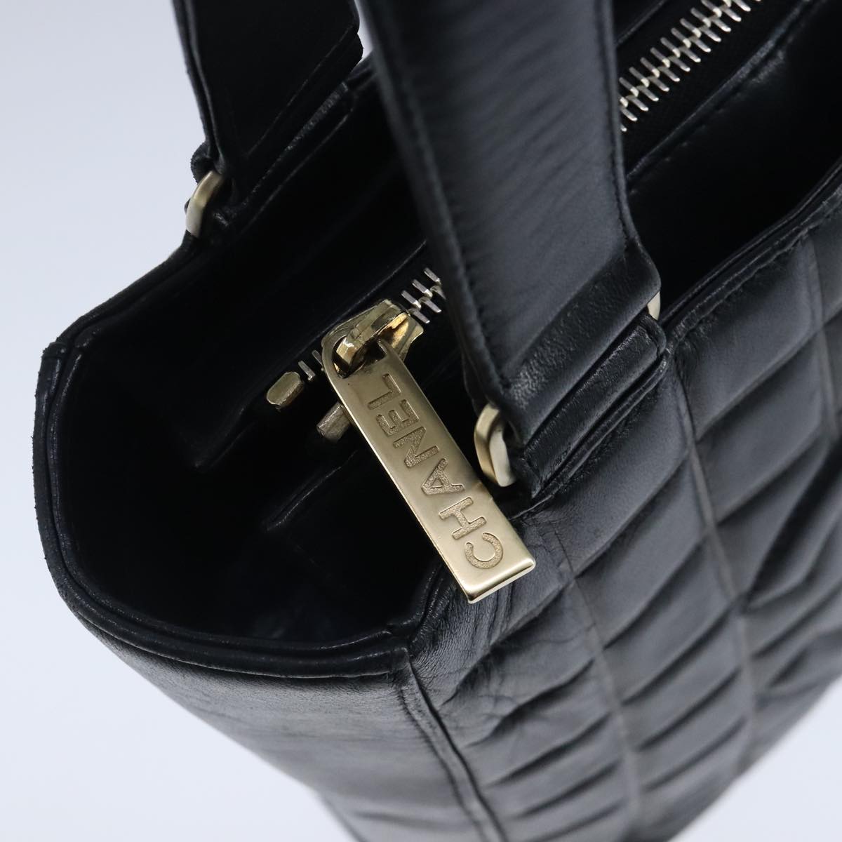 CHANEL Choco Bar Shoulder Bag Lamb Skin Black CC PP012