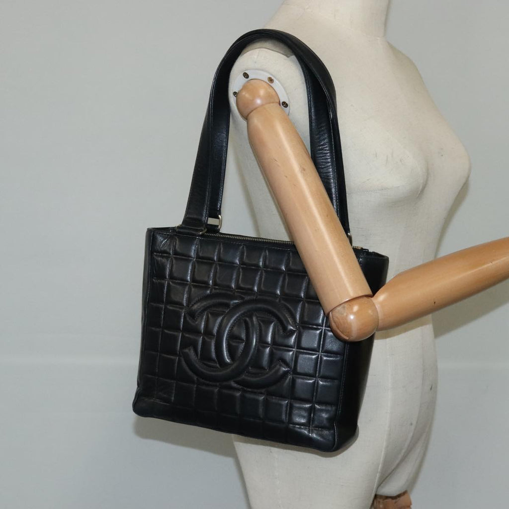 CHANEL Choco Bar Shoulder Bag Lamb Skin Black CC PP012