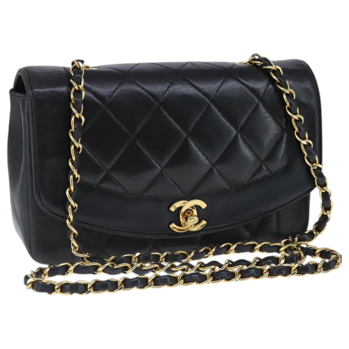 CHANEL Diana 22 Chain Shoulder Bag Lamb Skin Black Gold CC PP029