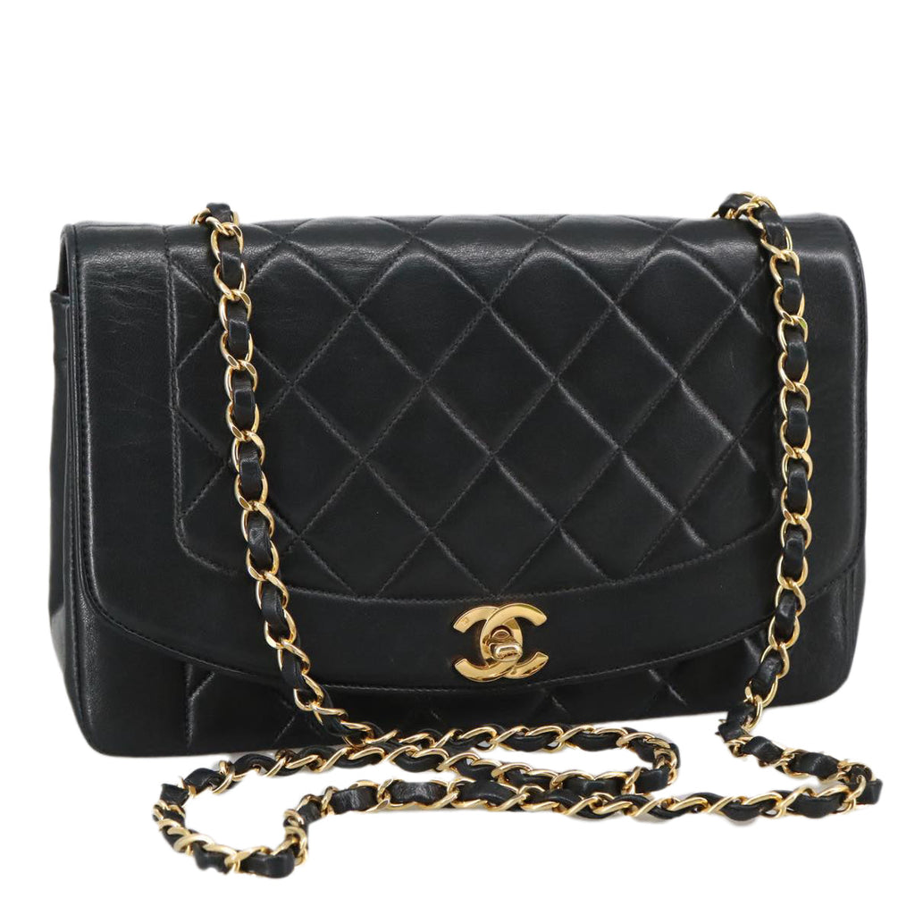 CHANEL Diana 25 Chain Shoulder Bag Lamb Skin Black Gold CC PP030
