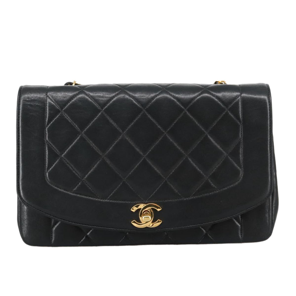 CHANEL Diana 25 Chain Shoulder Bag Lamb Skin Black Gold CC PP030