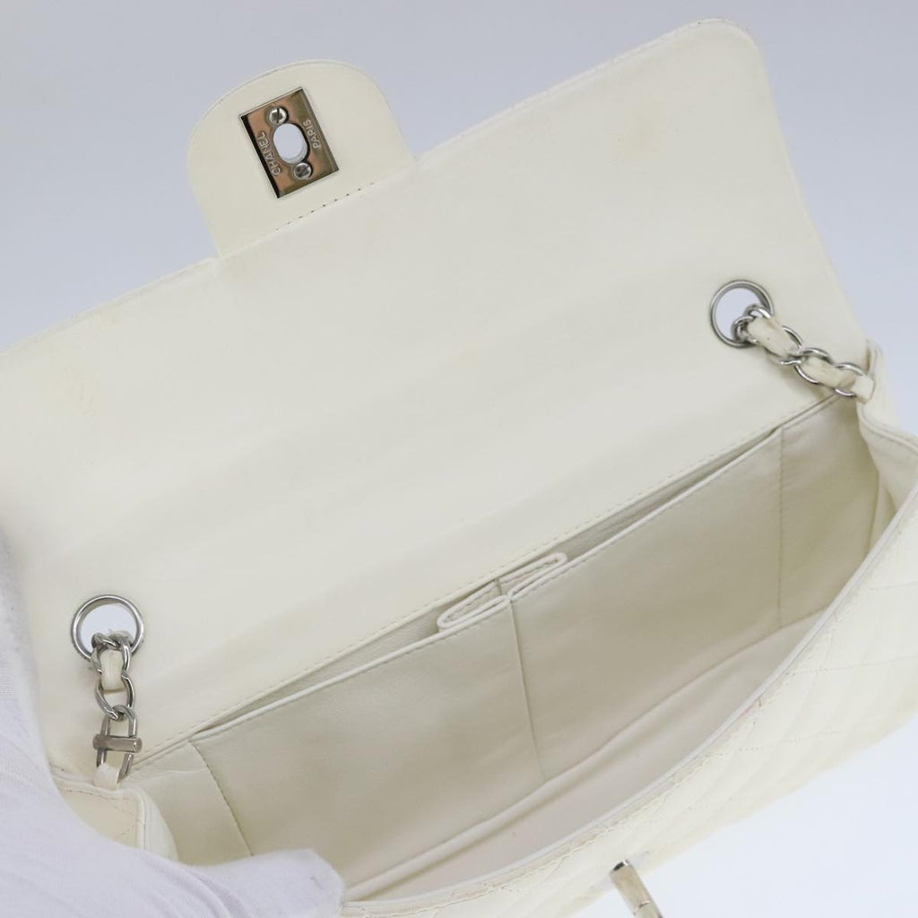 CHANEL Matelasse Chain Shoulder Bag Lamb Skin White Silver CC PP036