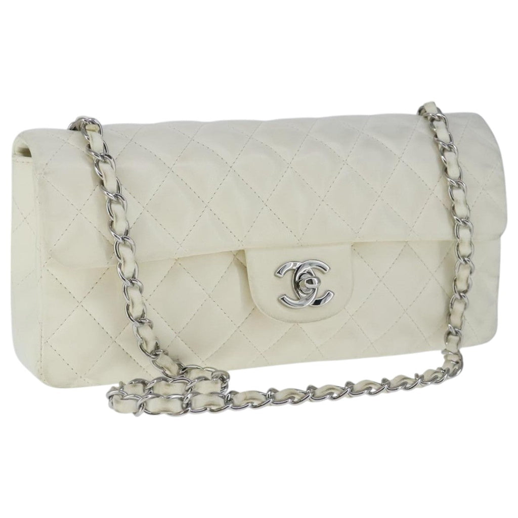 CHANEL Matelasse Chain Shoulder Bag Lamb Skin White Silver CC PP036