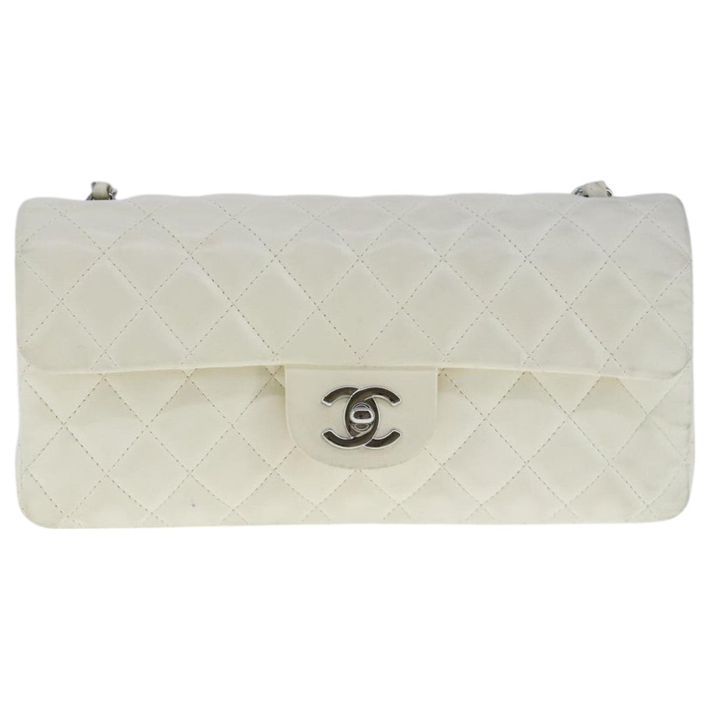 CHANEL Matelasse Chain Shoulder Bag Lamb Skin White Silver CC PP036