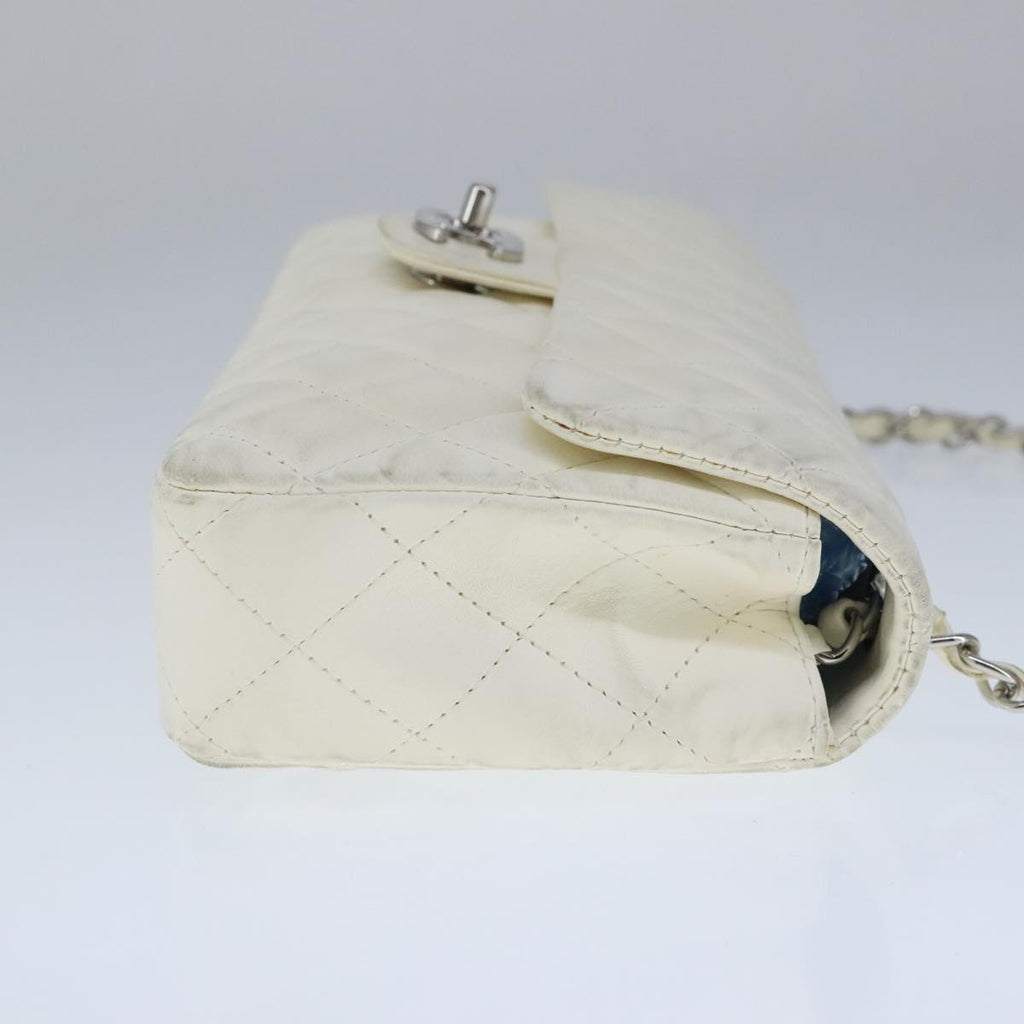 CHANEL Matelasse Chain Shoulder Bag Lamb Skin White Silver CC PP036