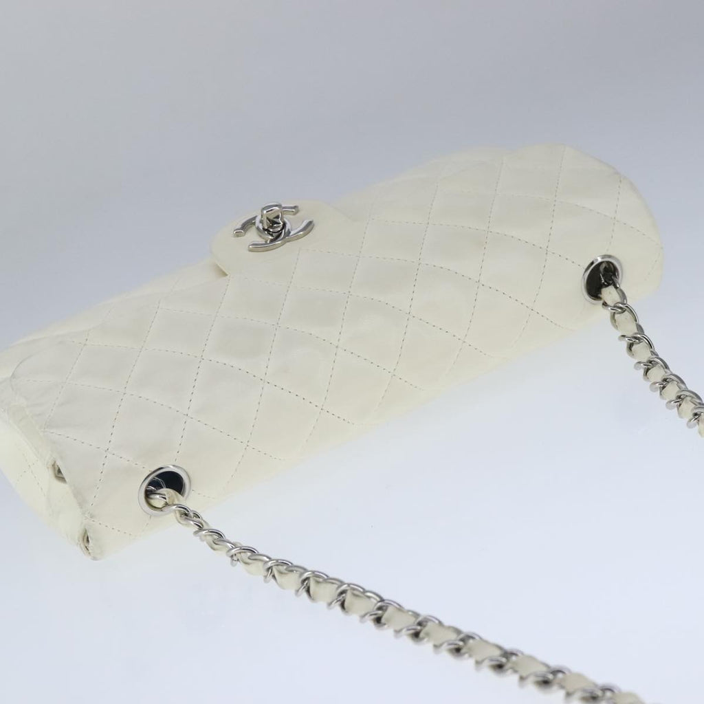 CHANEL Matelasse Chain Shoulder Bag Lamb Skin White Silver CC PP036