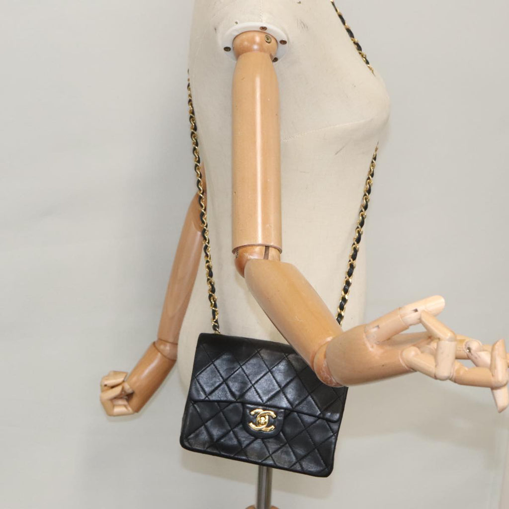 CHANEL Mini Materasse 17 Chain Shoulder Bag Lamb Skin Black Gold CC PP038