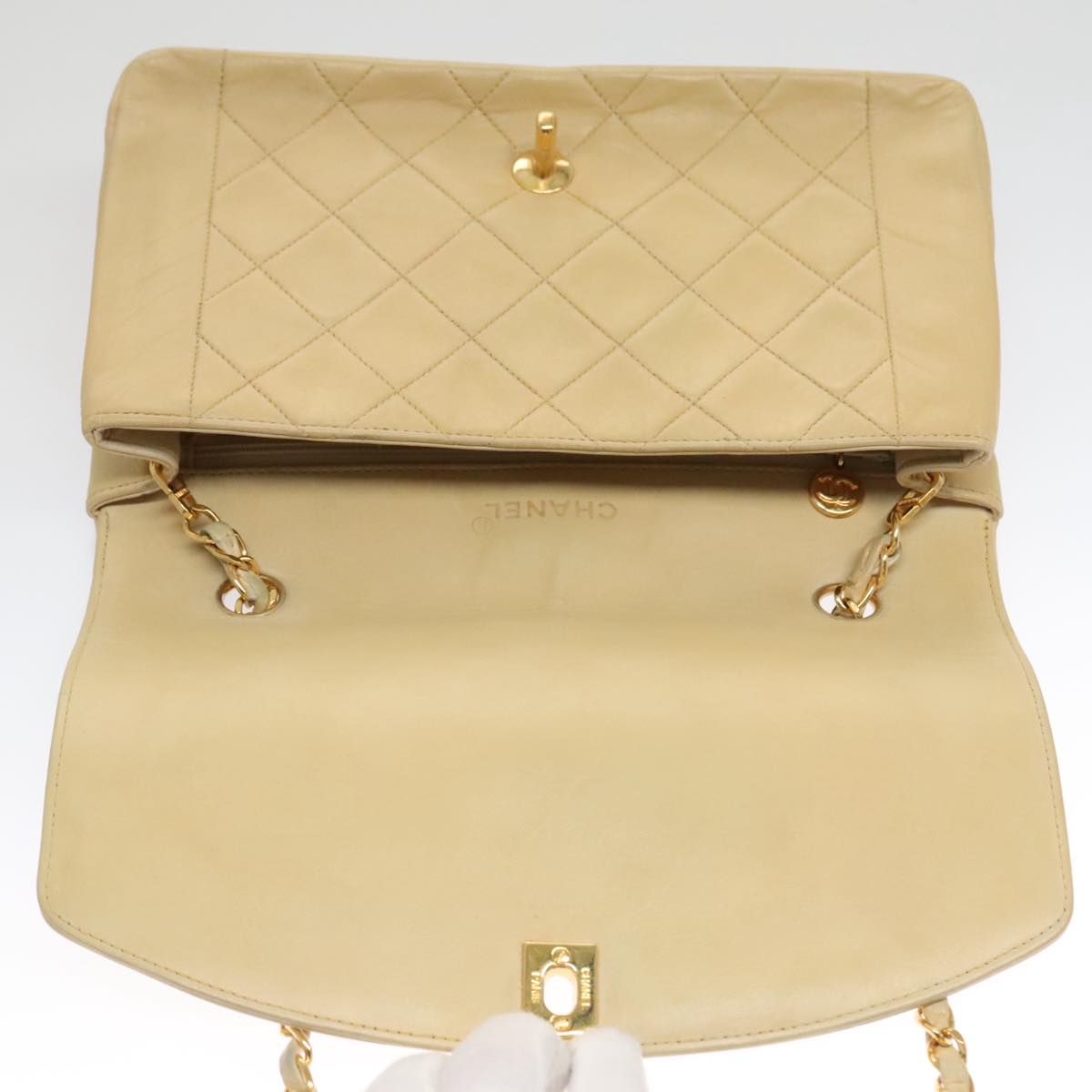 CHANEL Diana 25 Chain Shoulder Bag Lamb Skin Beige Gold CC PP039