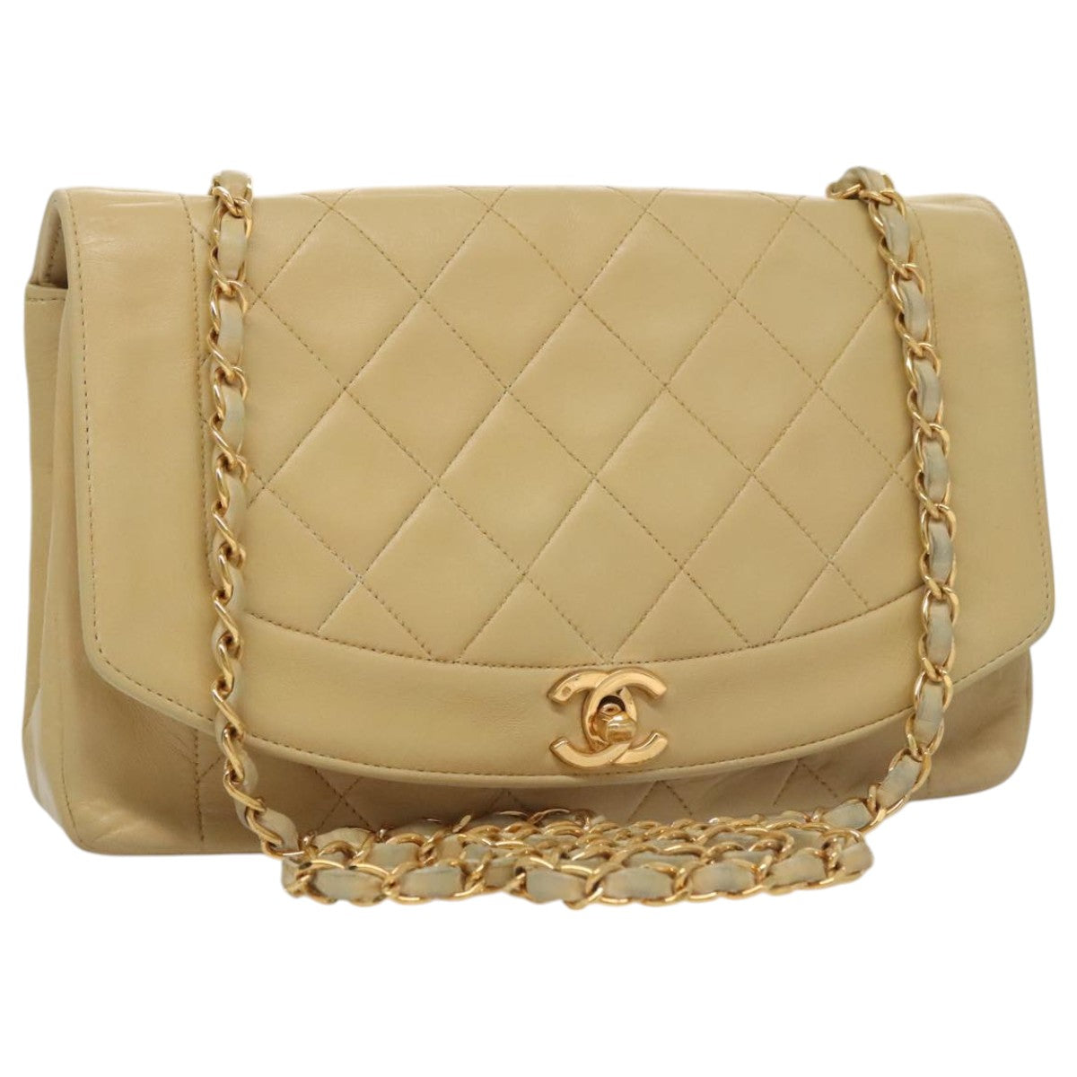 CHANEL Diana 25 Chain Shoulder Bag Lamb Skin Beige Gold CC PP039