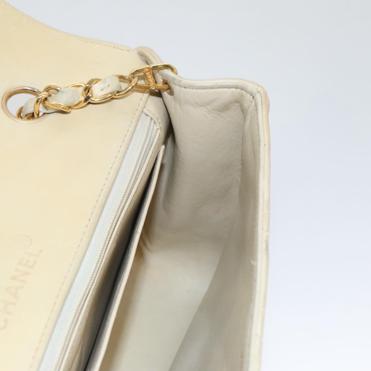 CHANEL Diana 25 Chain Shoulder Bag Lamb Skin Beige Gold CC PP039