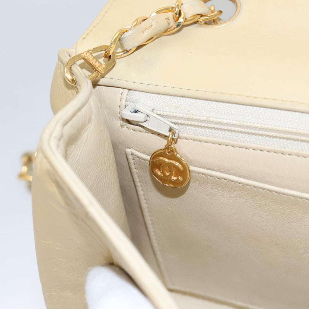 CHANEL Diana 25 Chain Shoulder Bag Lamb Skin Beige Gold CC PP039