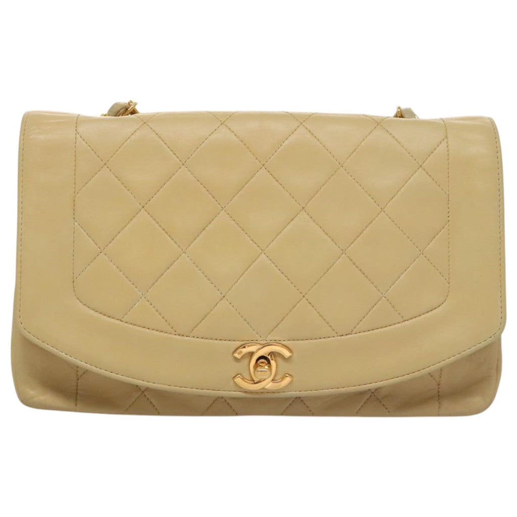 CHANEL Diana 25 Chain Shoulder Bag Lamb Skin Beige Gold CC PP039