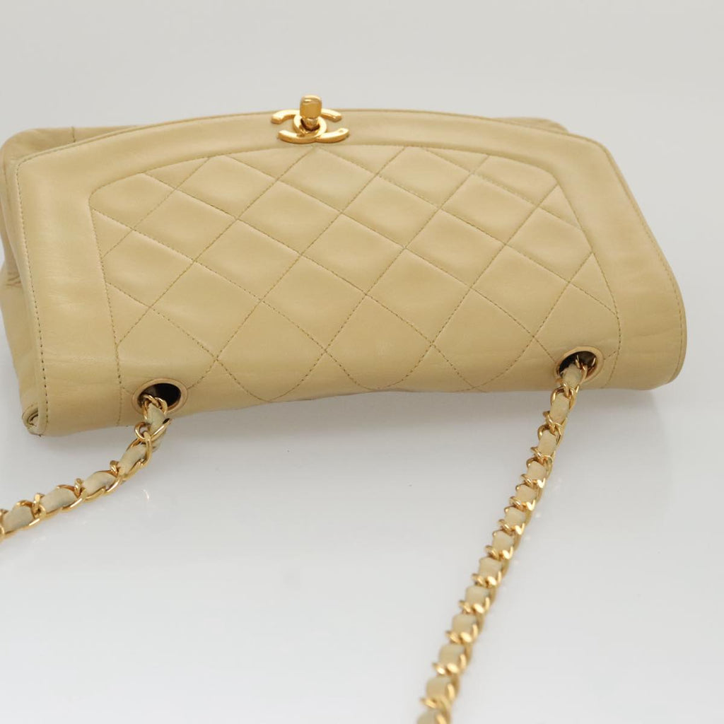 CHANEL Diana 25 Chain Shoulder Bag Lamb Skin Beige Gold CC PP039