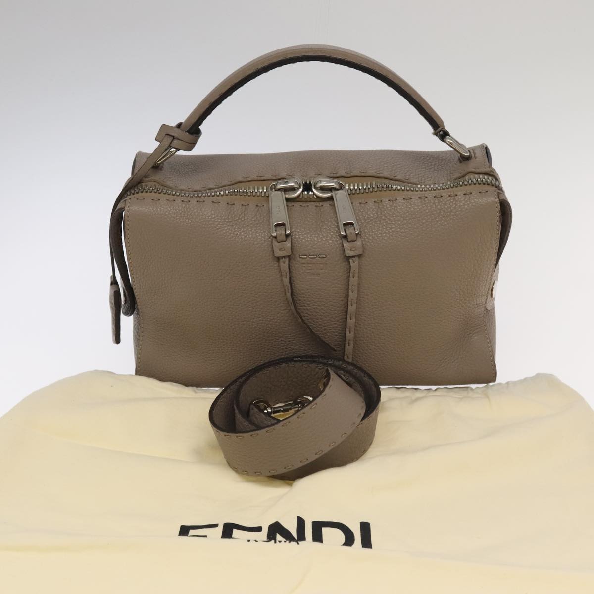 FENDI Hand Bag Leather 2way Gray Silver PP053