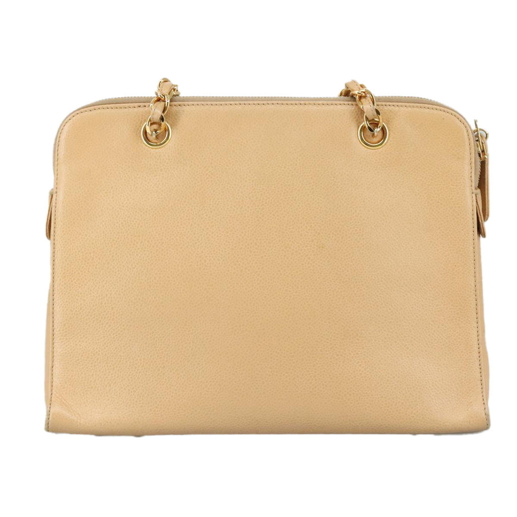 CHANEL Chain Shoulder Bag Caviar Skin Beige Gold CC PP063
