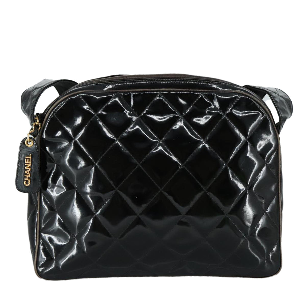 CHANEL Matelasse Shoulder Bag Patent Leather Black Gold CC PP073