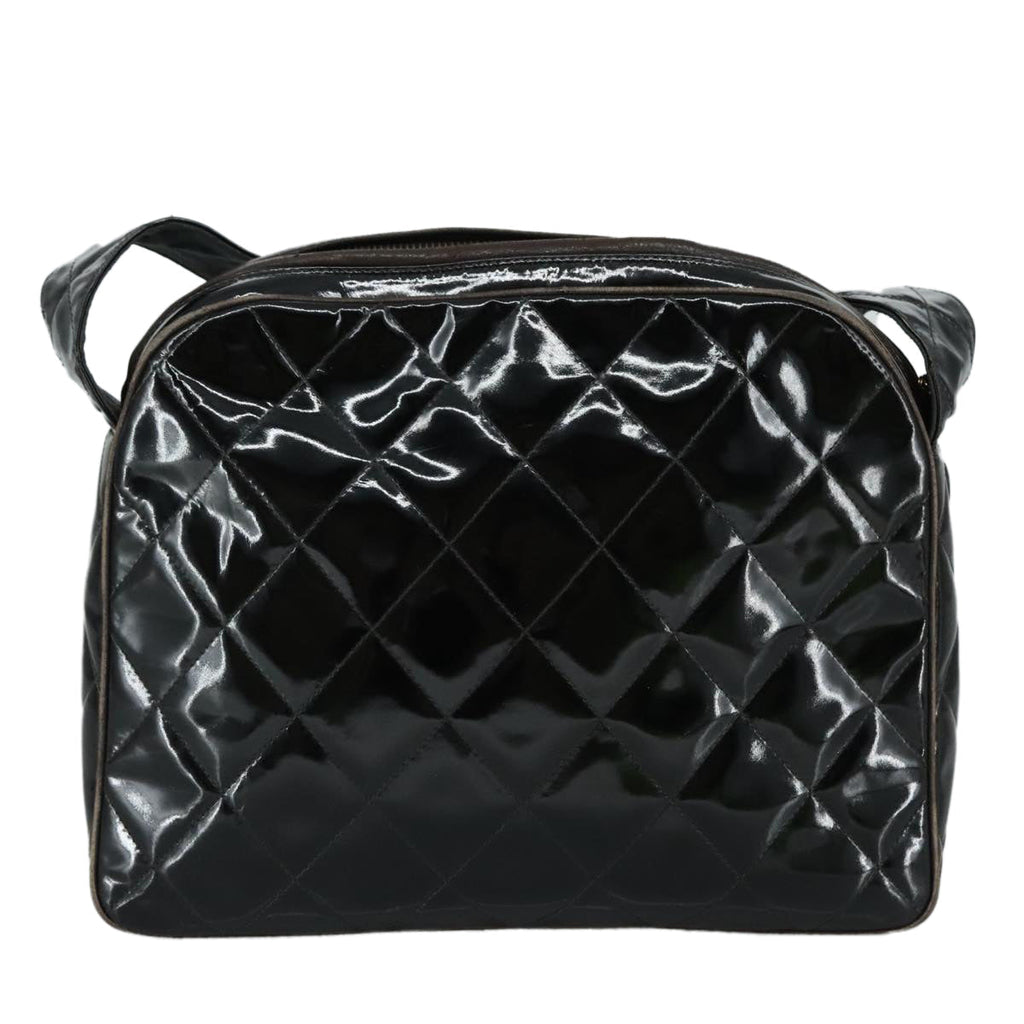 CHANEL Matelasse Shoulder Bag Patent Leather Black Gold CC PP073