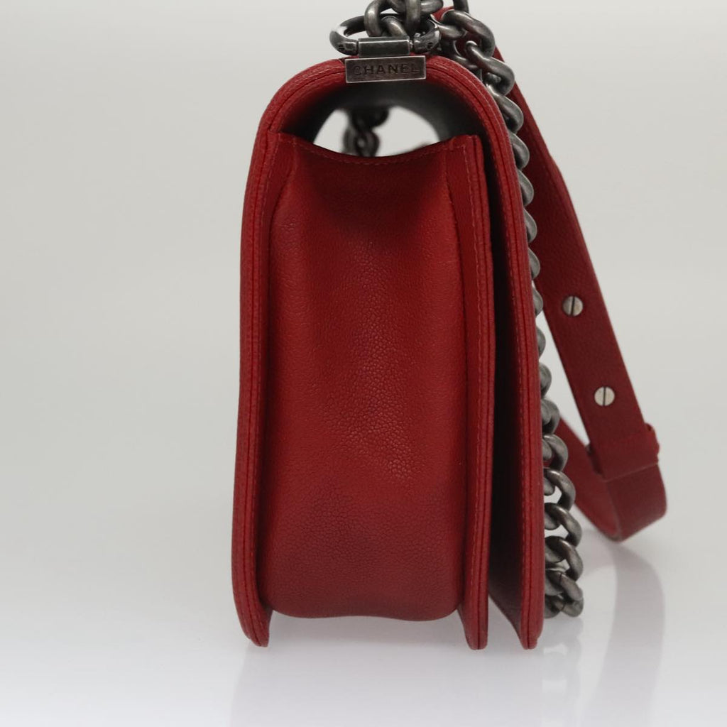 CHANEL Matelasse Chain Shoulder Bag Caviar Skin Red Gold CC PP074