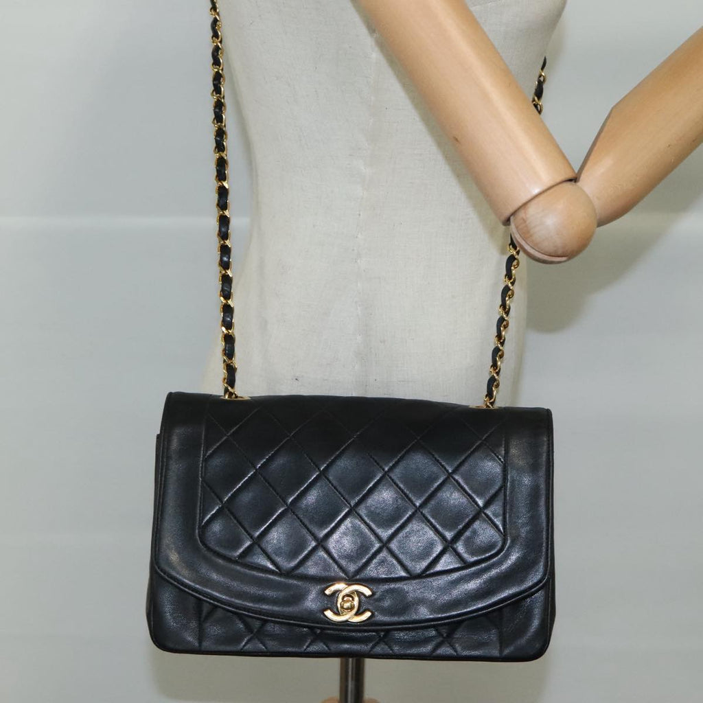 CHANEL Matelasse Chain Shoulder Bag Lamb Skin Black Gold CC PP075