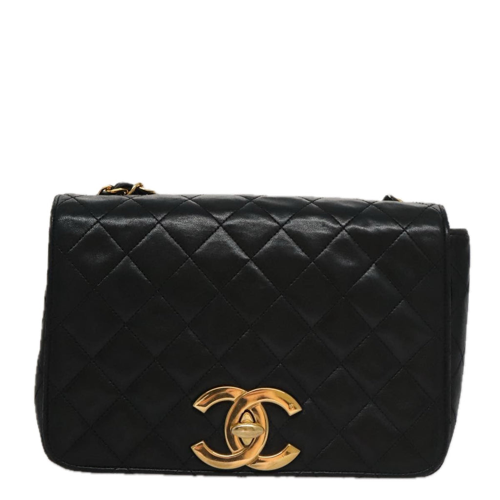 CHANEL Matelasse Chain Shoulder Bag Lamb Skin Black Gold CC PP076