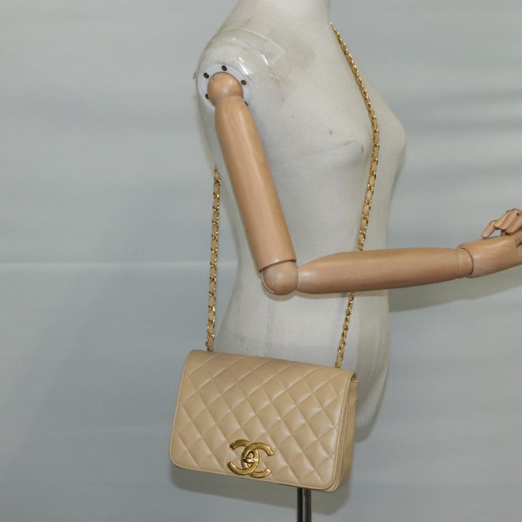 CHANEL Matelasse Chain Shoulder Bag Lamb Skin Beige Gold CC PP077
