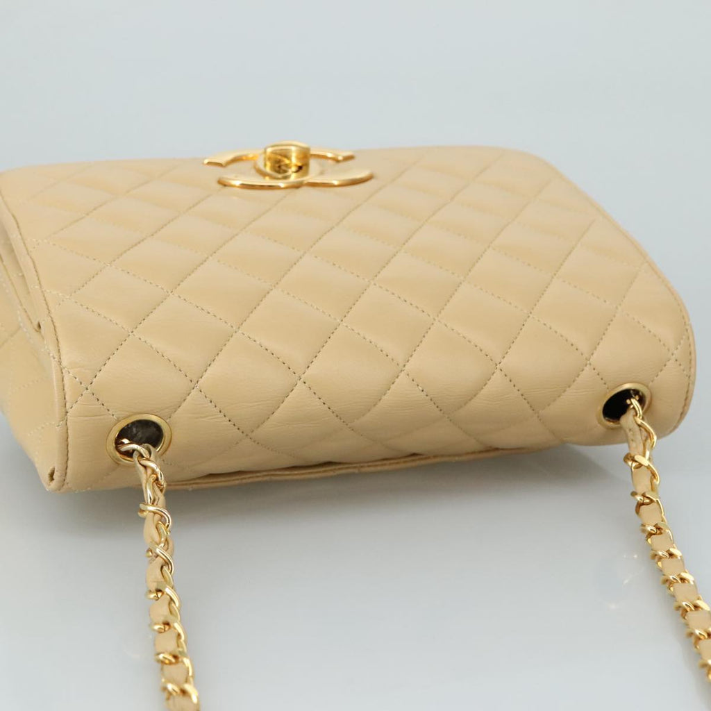 CHANEL Matelasse Chain Shoulder Bag Lamb Skin Beige Gold CC PP077