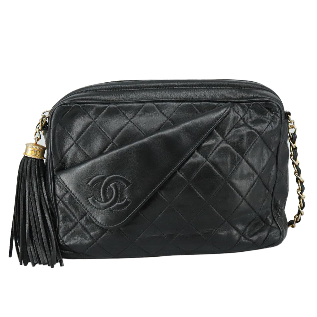 CHANEL Matelasse Chain Shoulder Bag Lamb Skin Black Gold CC PP082