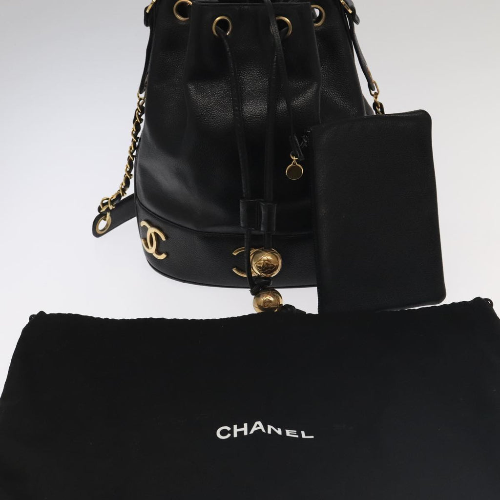 CHANEL Chain Shoulder Bag Caviar Skin Black Gold CC PP101