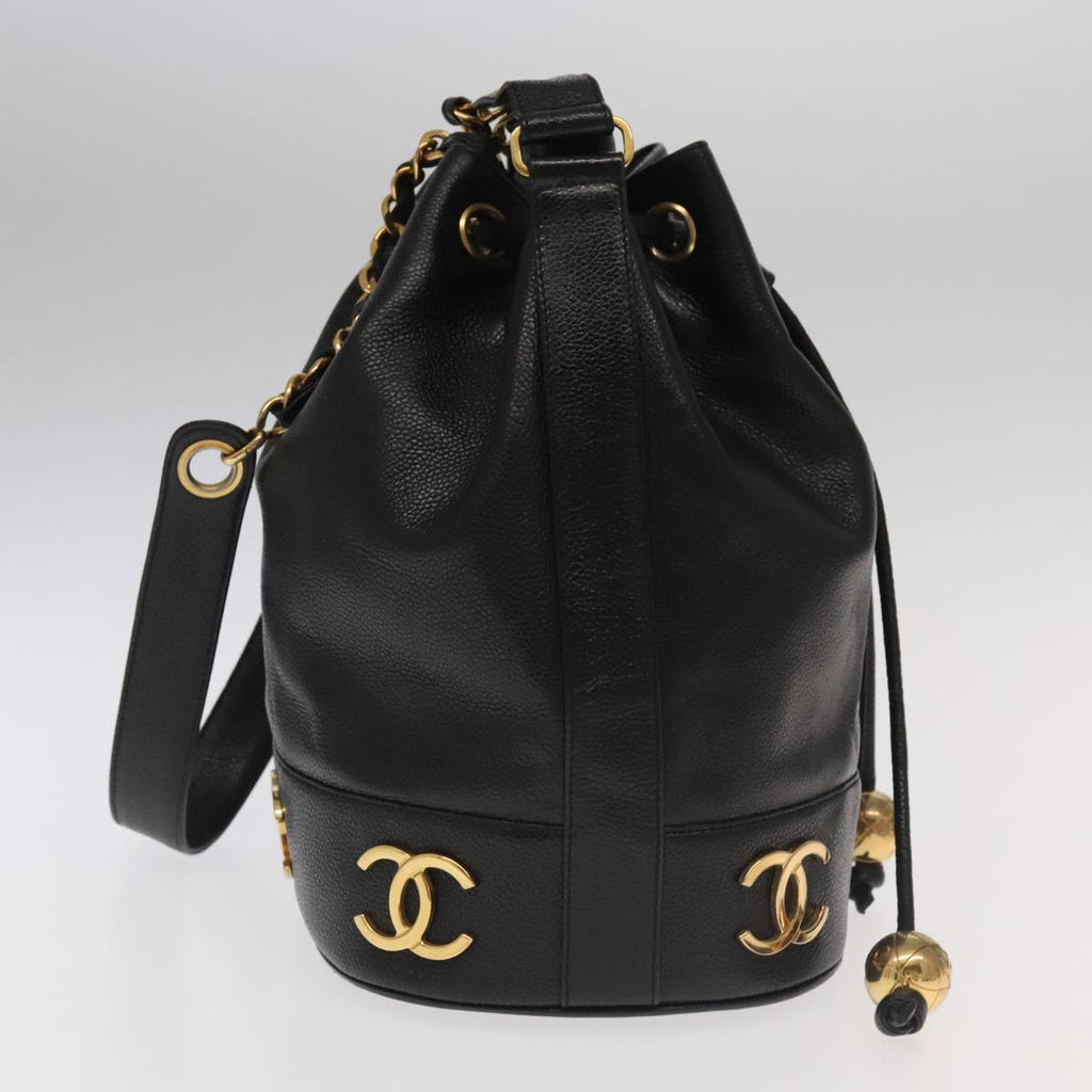 CHANEL Chain Shoulder Bag Caviar Skin Black Gold CC PP101