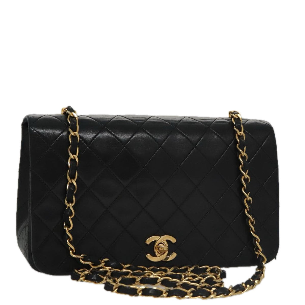 CHANEL Matelasse Chain Shoulder Bag Lamb Skin Black Gold CC PP106A