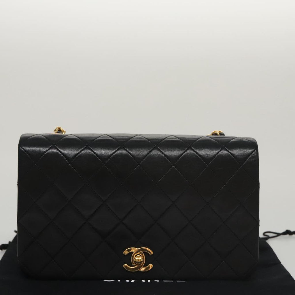 CHANEL Matelasse Chain Shoulder Bag Lamb Skin Black Gold CC PP106A