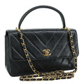 CHANEL Chain Hand Bag Lamb Skin 2way Black Gold CC PP129