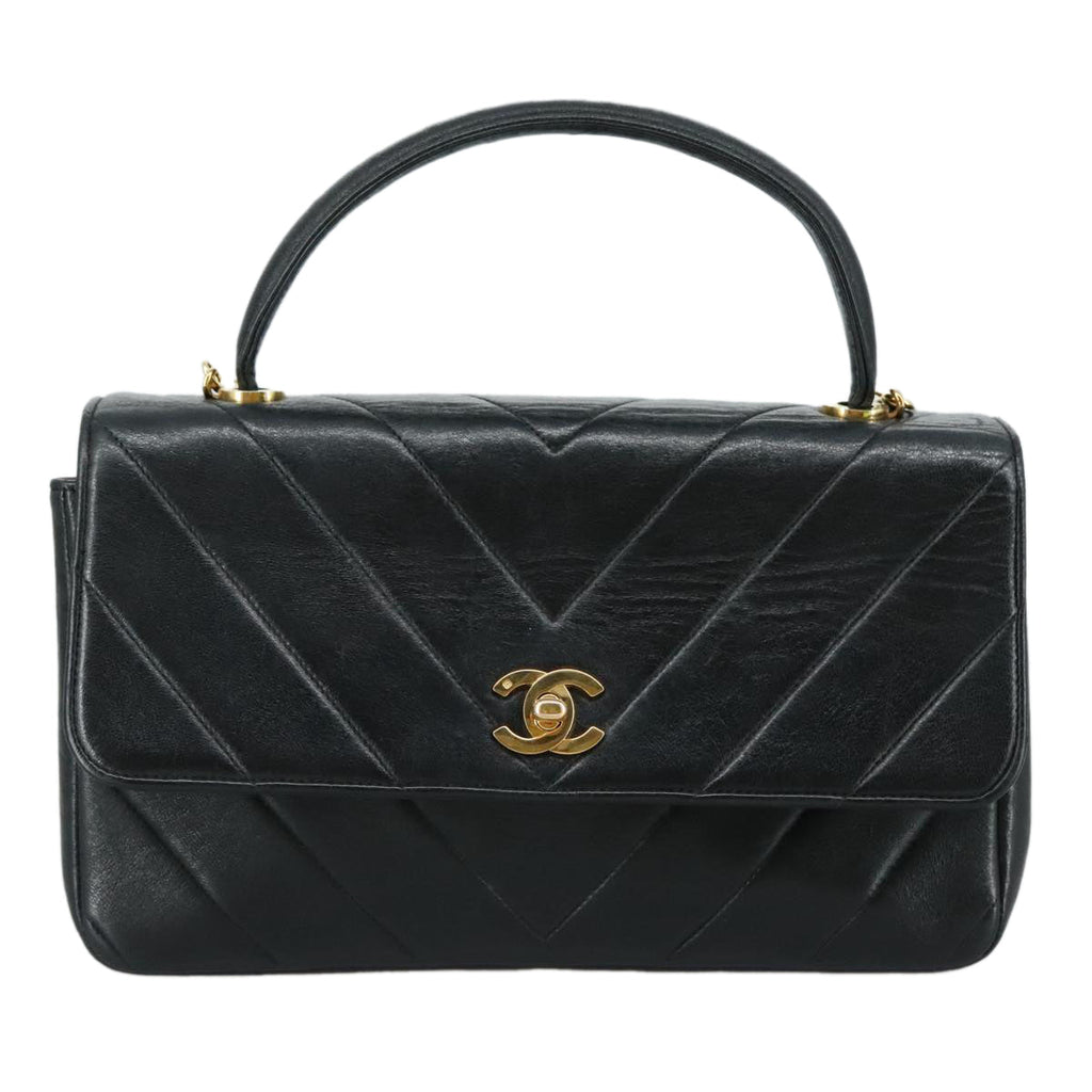 CHANEL Chain Hand Bag Lamb Skin 2way Black Gold CC PP129