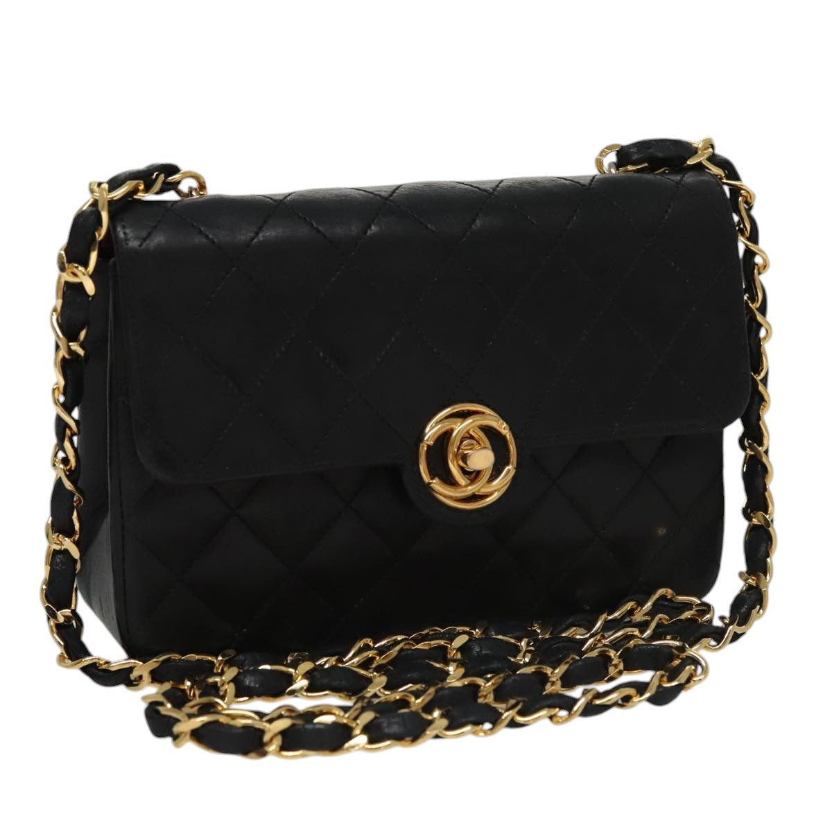 CHANEL Chain Matelasse Shoulder Bag Lamb Skin Black Gold CC PP133