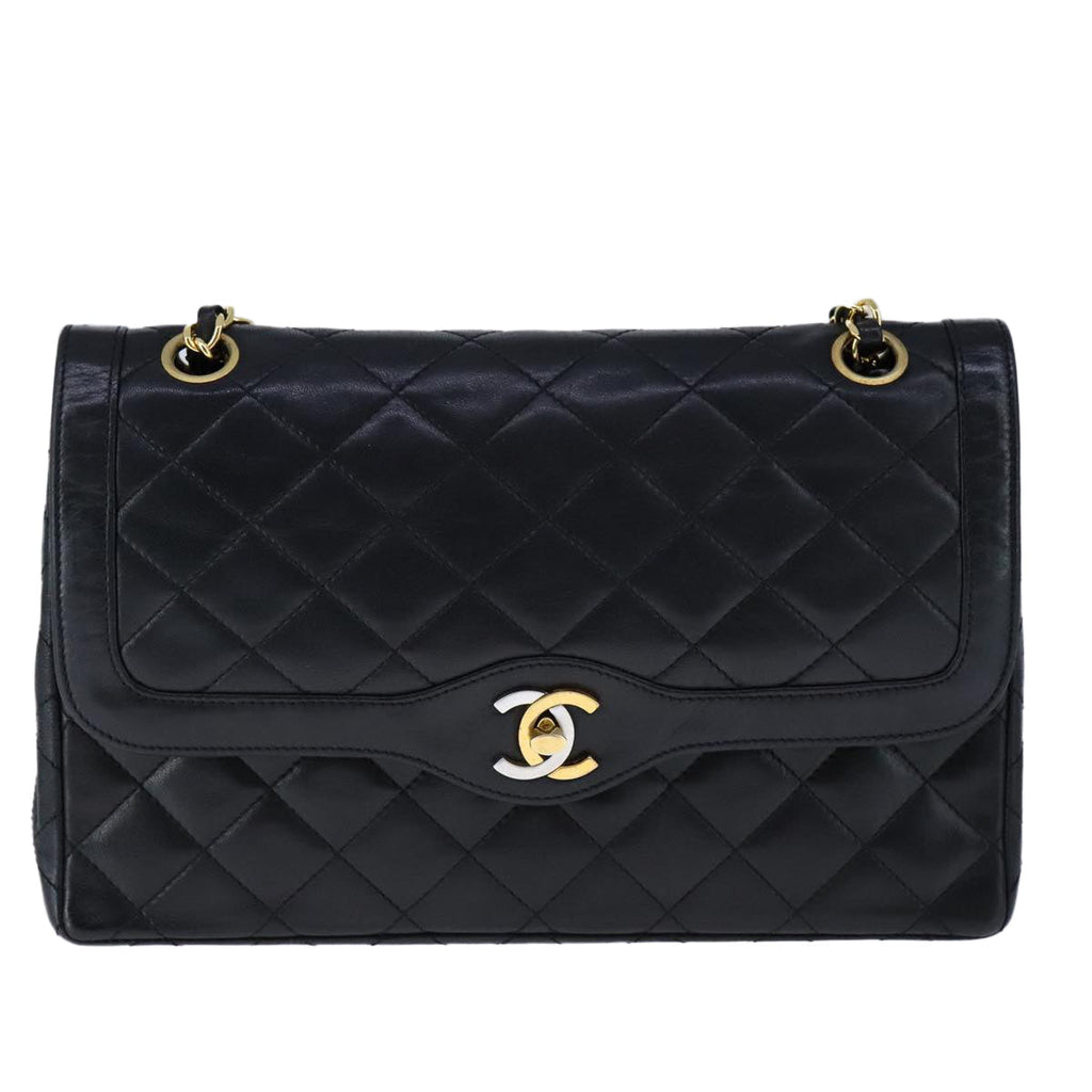 CHANEL Chain Matelasse Shoulder Bag Lamb Skin Black Gold CC PP135